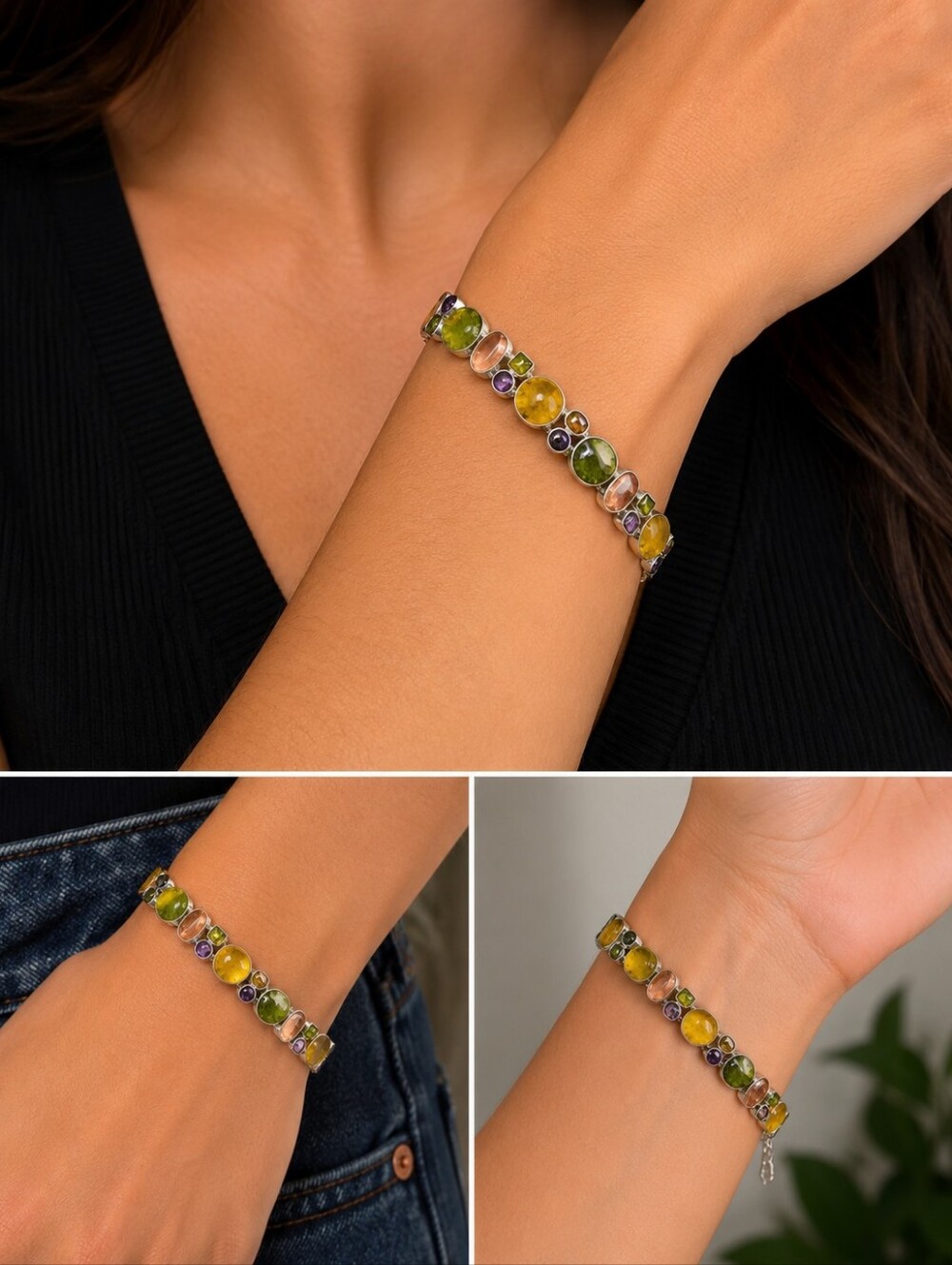 Lia Sophia Multicolor Cabochon Statement Link Bracelet. Silver Tone. Vintage